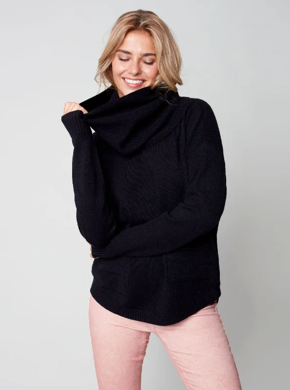 Sweater With Detachable Scarf [Black-C2420] Hooded Caped Shawl Collar