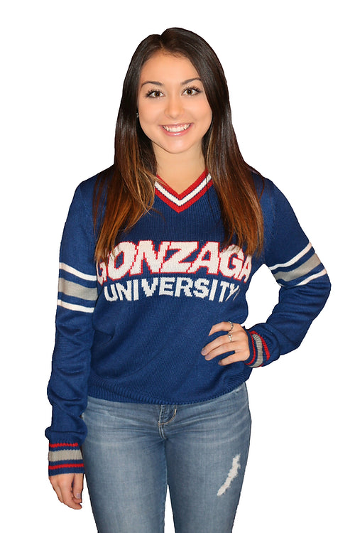 Gonzaga Navy Blue Tribute Sweater with Striped V-Neck (UNISEX SIZING) Casual Formal Business