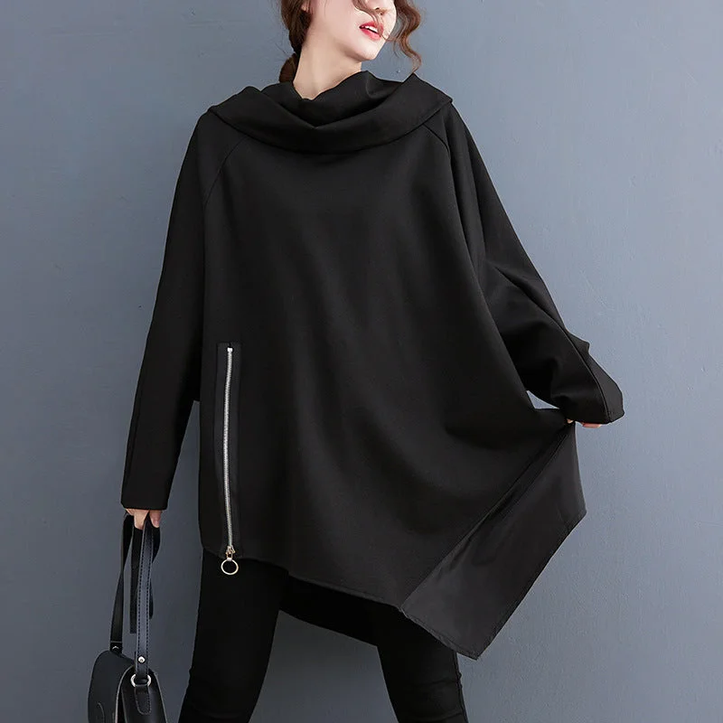 Black Pullover Long Sleeves Irregular Hoodies for Women Saggy Sleeve Comfort