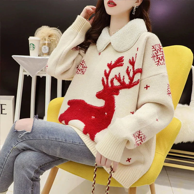 Casual Christmas Pullover Knitted Sweaters for Women Button Front Sweater