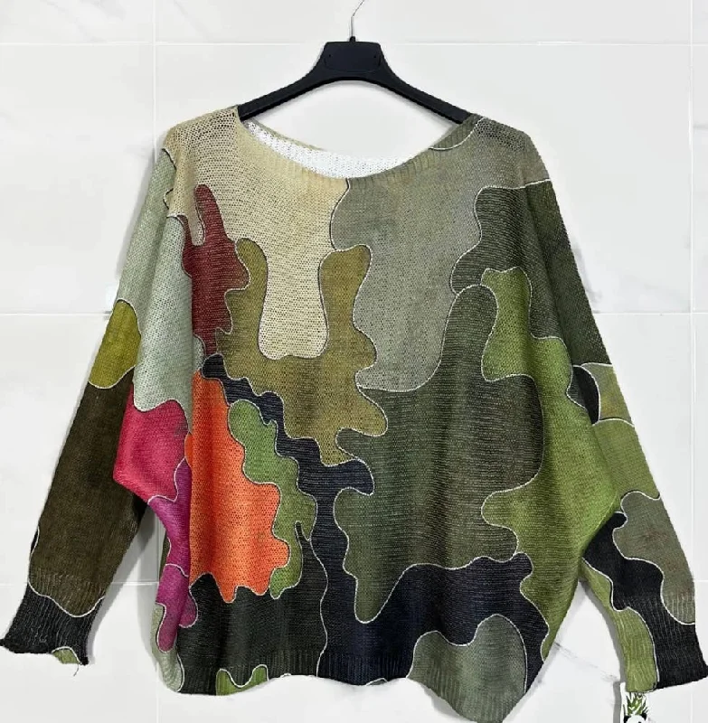 Camo Style Sweater Graphic Sweater Embroidered Appliqued