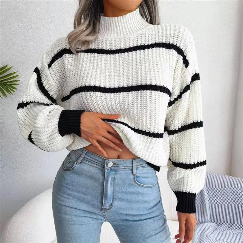 Fashion Striped High Neck Knitted Pullover Sweaters Halter Neck Top