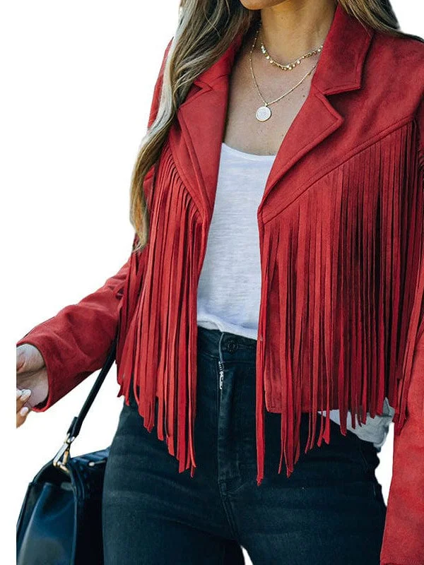 Luxurious Fringe Suede Jacket A-Line Jacket Boat Neck Shawl Collar