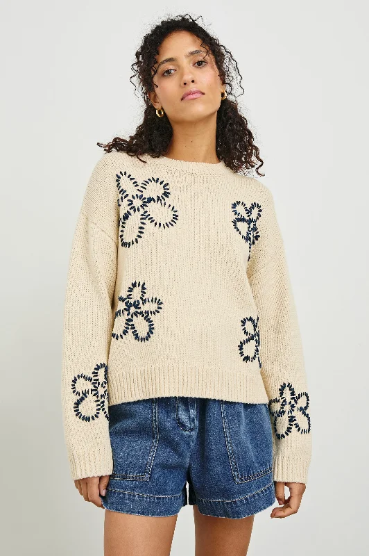 ZOEY SWEATER - IVORY NAVY STITCHED DAISIES Fitted Loose Oversized