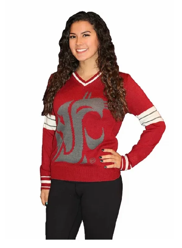 WSU Crimson and Gray with Striped Collar V-Neck Tribute Sweater  Sweater (UNISEX SIZING) Ribbed Striped Patterned