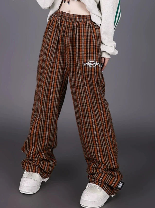 PINKSPINK Retro Plaid Wide-Leg Trousers - Brown Multi Trousers Harem Relaxed Fit