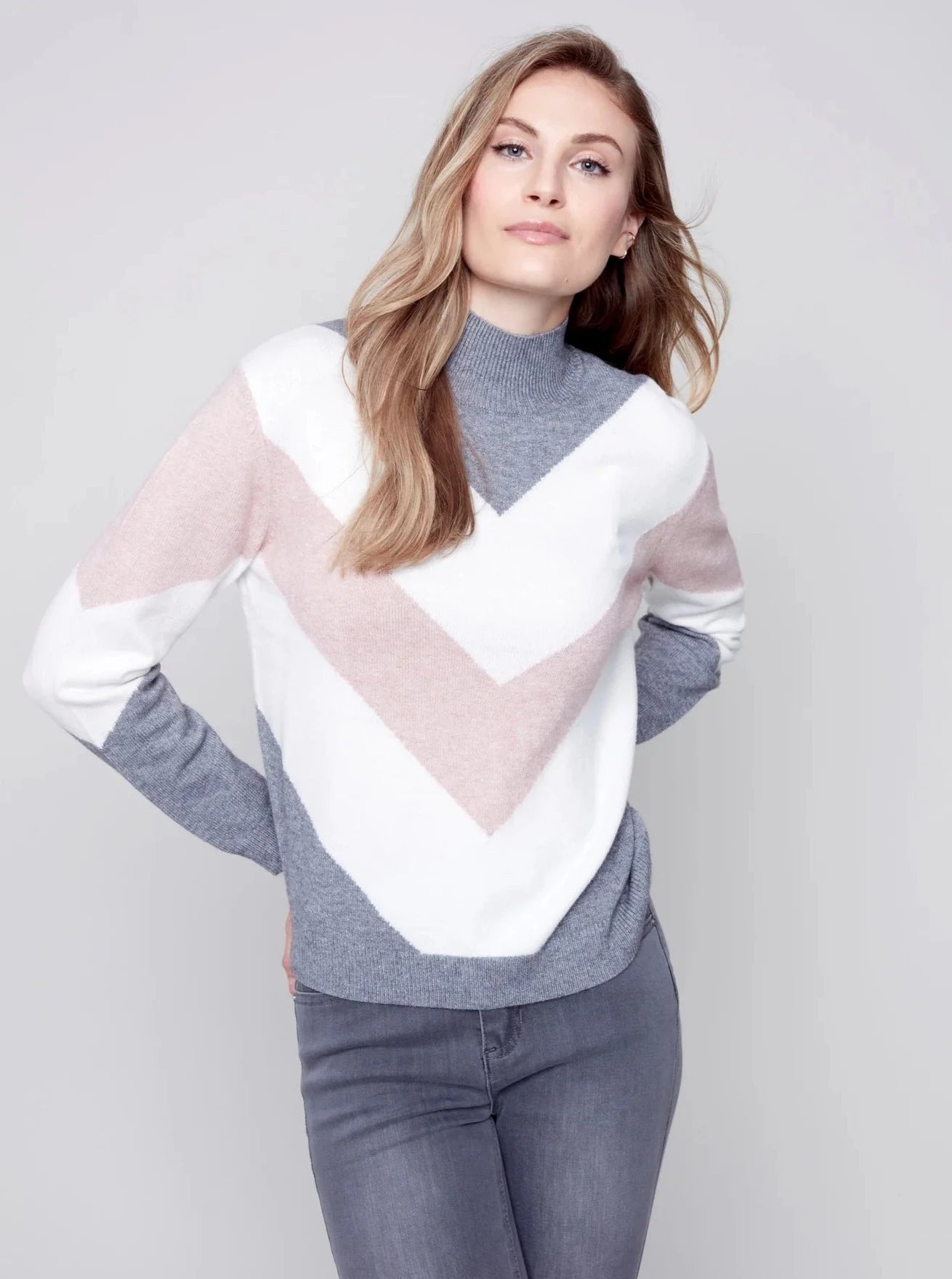 Mock Sweater With Color Block Design [Powder-C2518] Ribbed Striped Patterned