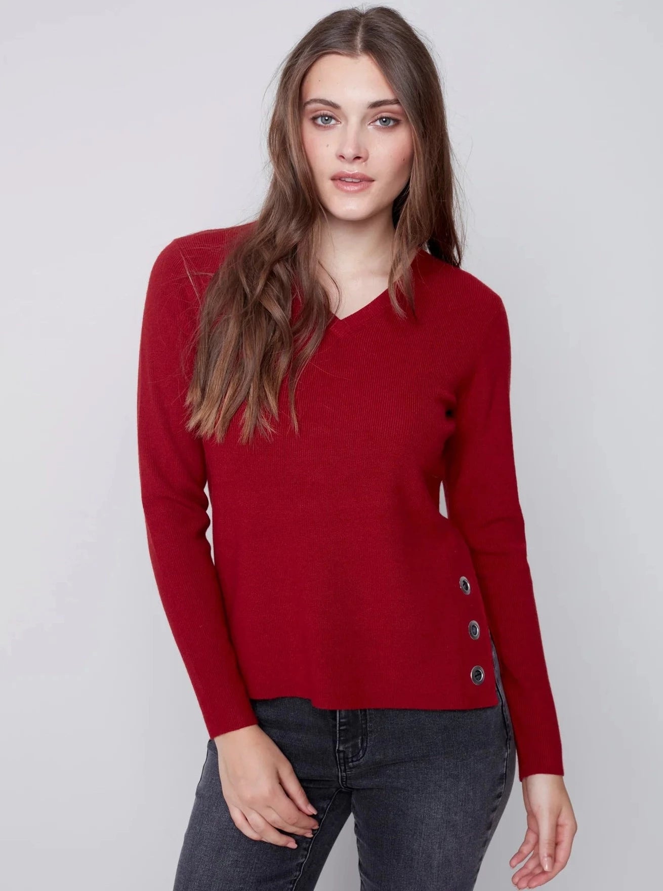 V Neck Sweater With Side Slit [Ruby-C2569] Sweater Knitwear Pullover