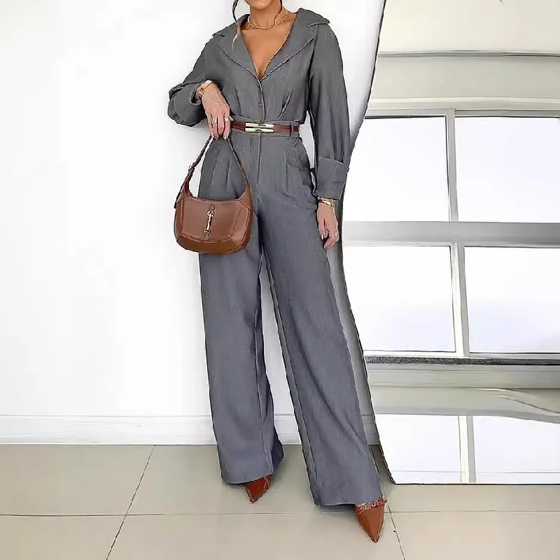 Ladies Suit Polo Collar Long Sleeve Top Trousers Two Piece Set No Belt Trousers Mesh Breathable