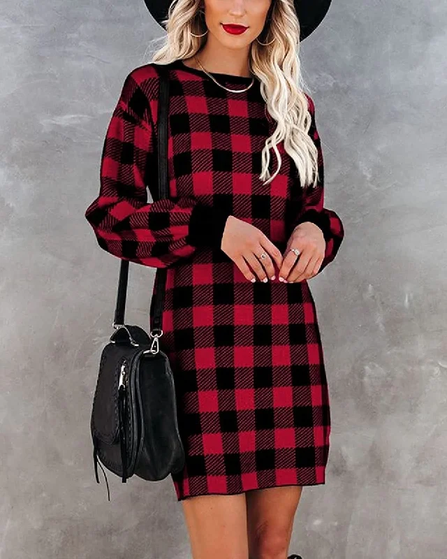 Women Crew Neck Knit Plaid Pullover Sweater Dress Fleece Warm Pullover