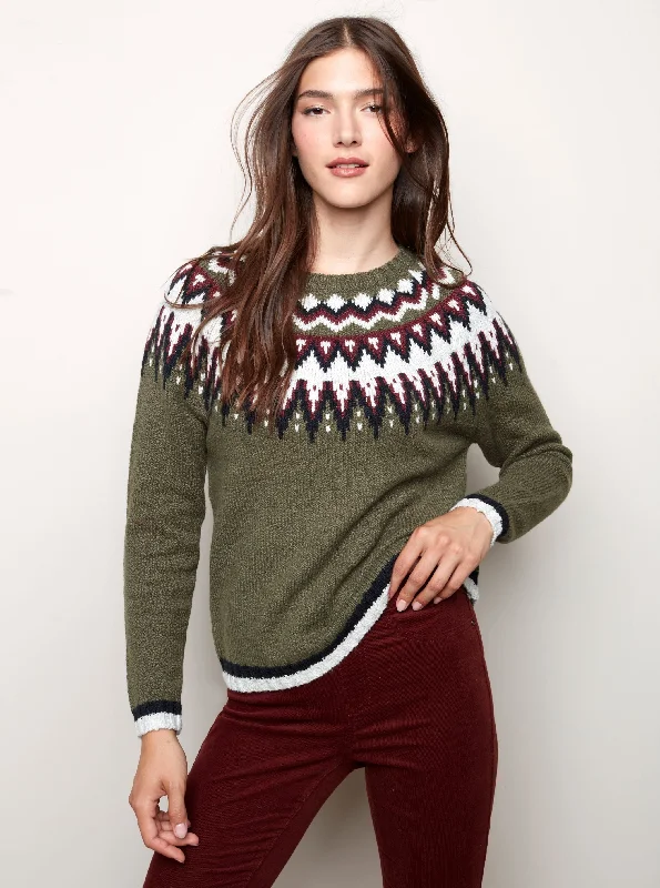 Crew Neck Raglan Sleeve Ski Sweater Jacquard Pattern [Pine-C2428] Satin Blend Silk Blend Wool Blend