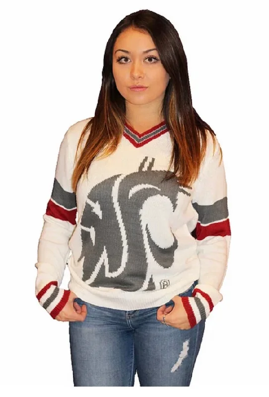 WSU White with Gray Logo and Striped Collar Tribute V-Neck Sweater (UNISEX SIZING) Fleece Sweater Nylon Polyester