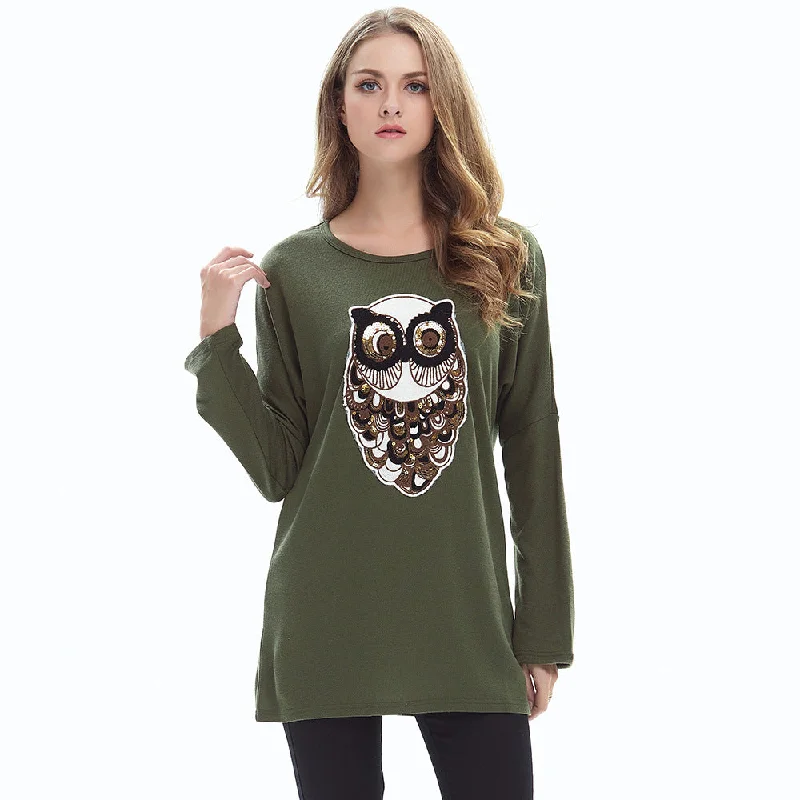 Casual Women Owl Designed Women Long Sleeves Pullover Shirts One Shoulder Top