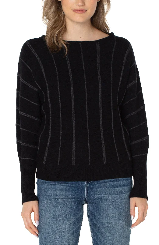 LONG SLEEVE STRIPED DOLMAN SWEATER - BLACK Fitted Slim Tailored