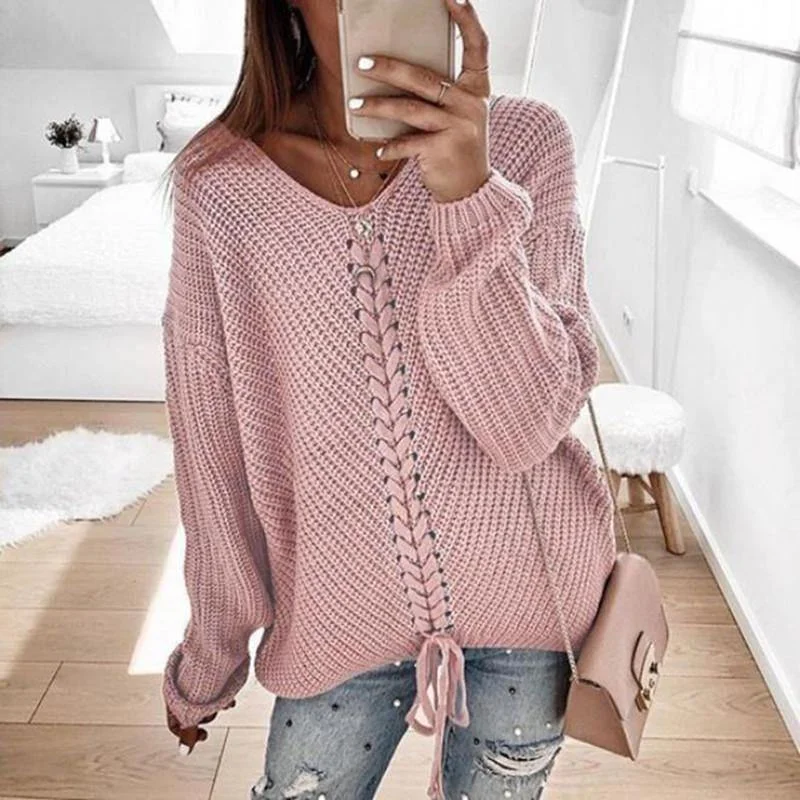 Women V-neck Loose Knitting Sweaters Front Pockets Side Pockets Patch Pockets