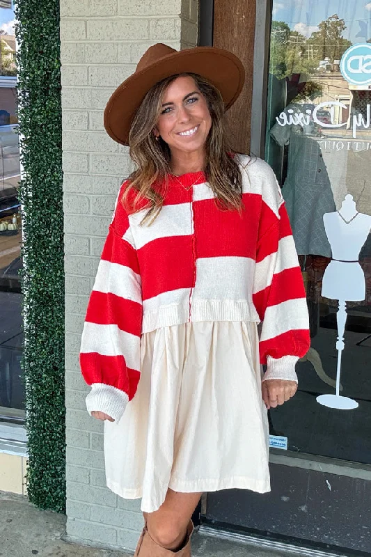 Mixed Media Striped Sweater Dress-Red/Ivory Boat Neck Shawl Collar Notched Collar