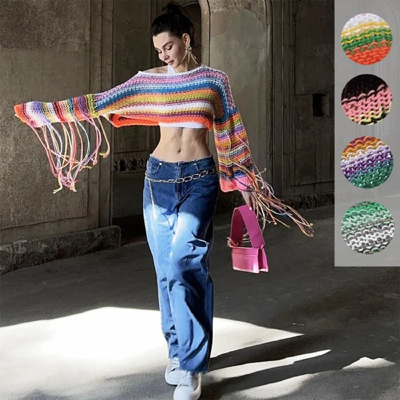 Casual Rainbow Tassels Loose Sweaters Soft Cozy Warm