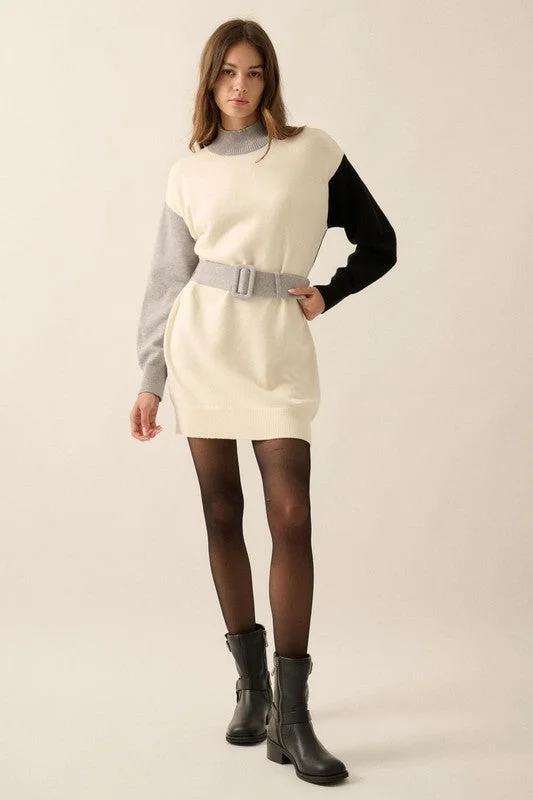 Colorblock Knit Belted Mini Sweater Dress Anti-Pilling Anti-Shrink Durable