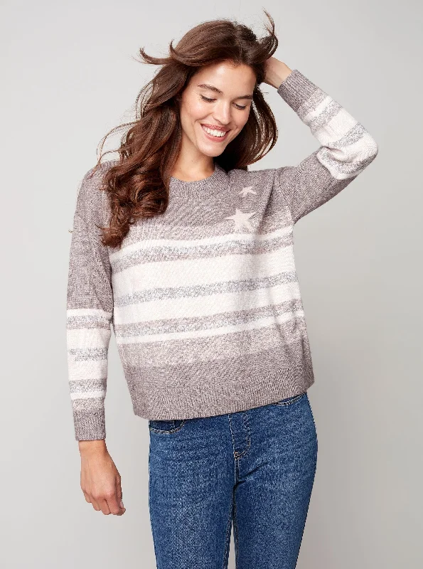 Drop Shoulder Crew Neck Sweater Heather and Stars Design [Shell-C2446] Herringbone Houndstooth Plaid