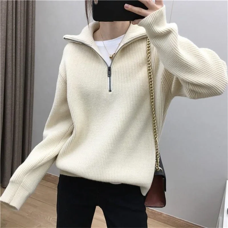 Casual Turnover Zipper Pullover Women Sweaters Cold Shoulder Design