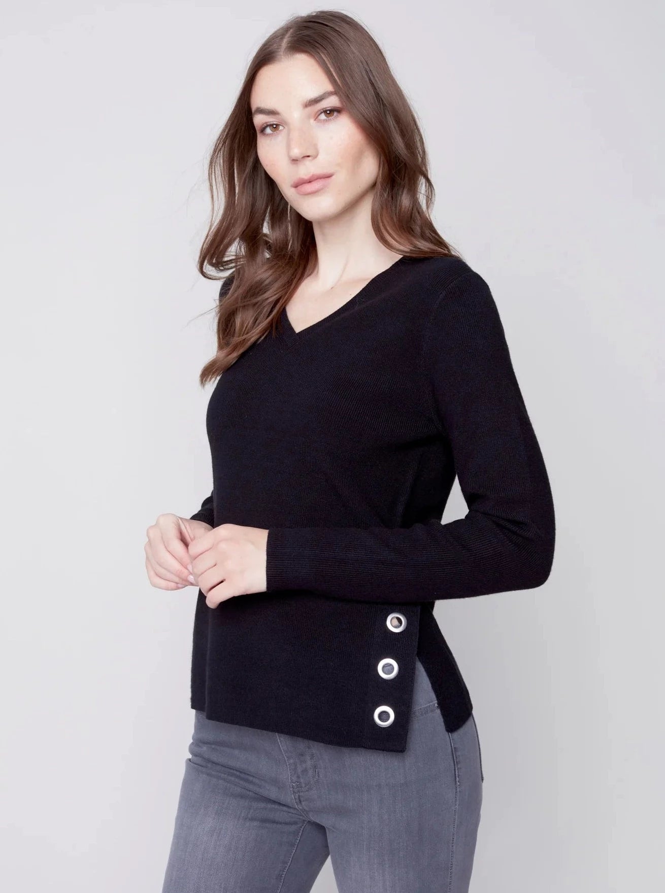 V Neck Sweater With Side Slit [Black-C2569] Wool Sweater Cotton Sweater Cashmere Sweater