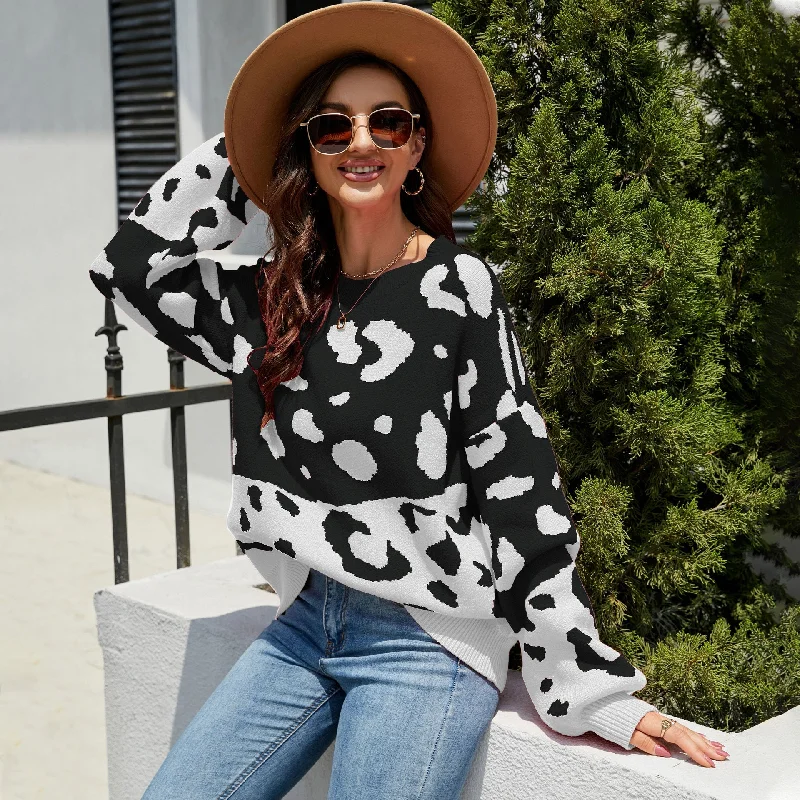 Fashion Round Neck Leopard Knitted Pullover Sweaters Surplice Neck Pullover