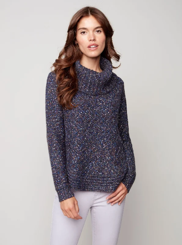 Cowl Neck Round Hem Sweater with Geometric Pattern [Navy-C2316R] Solid Print Embellished