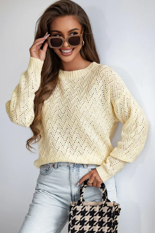 Beige Knit Trim Women's Sweater Transparent Opaque Sheer