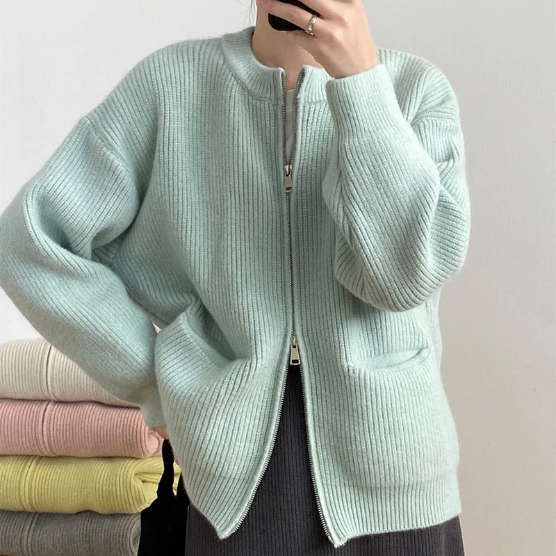 Casual Designed Double Zipper Women Knitted Sweaters Cotton Fabric Linen Fabric Terry Fabric