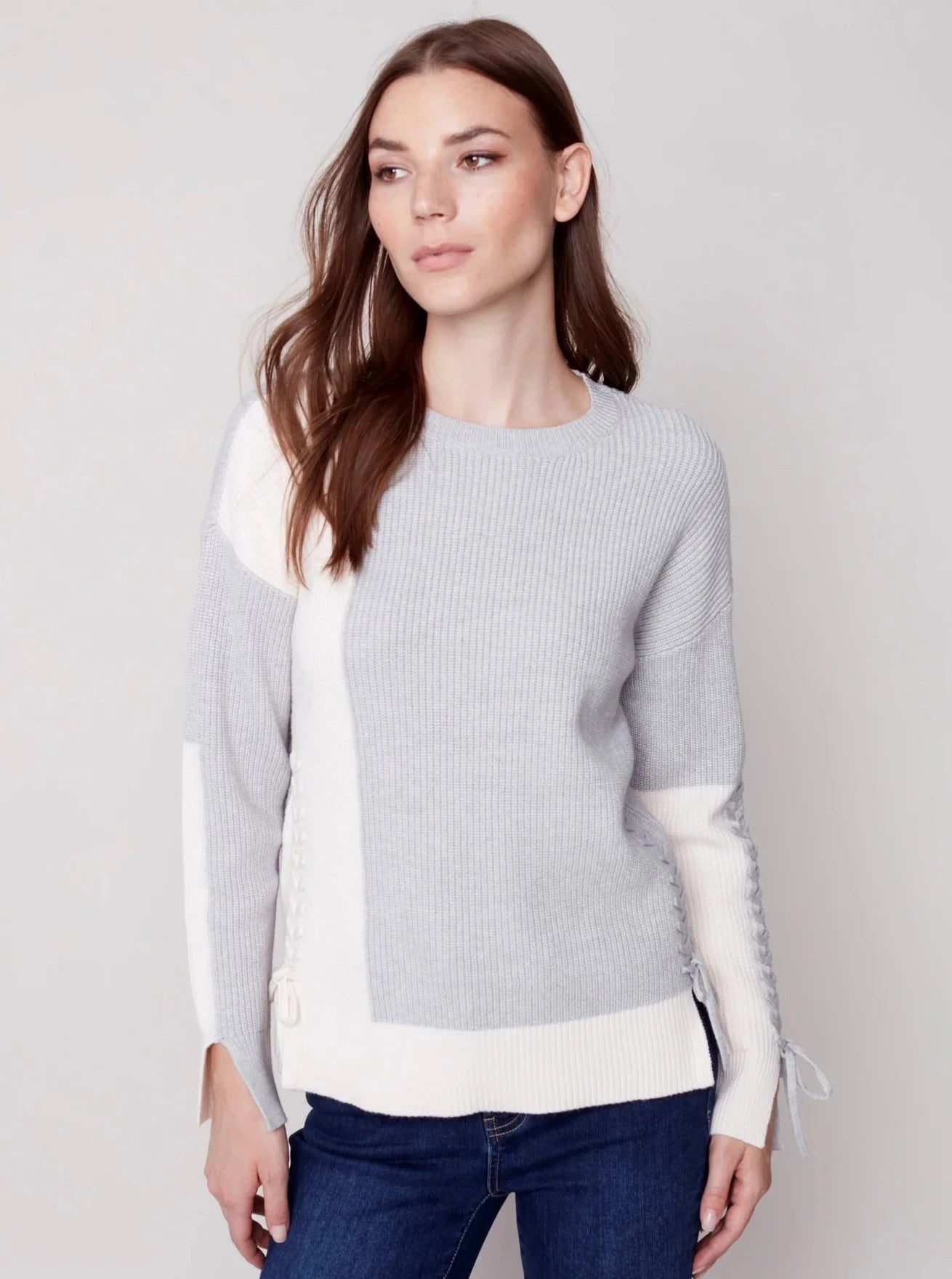 Crewneck Sweater With Color Blocking [H Grey-C2573] Jersey Fabric Tulle Fabric Batik Fabric