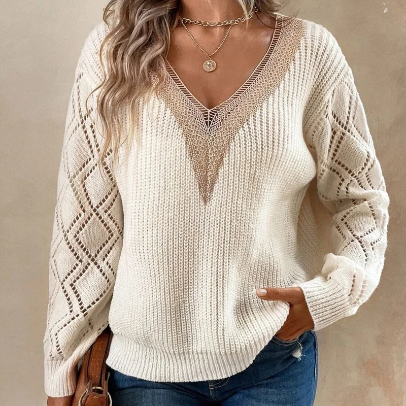 Casual V Neck Knitted Pullover Sweaters Lapel Neck Sweater