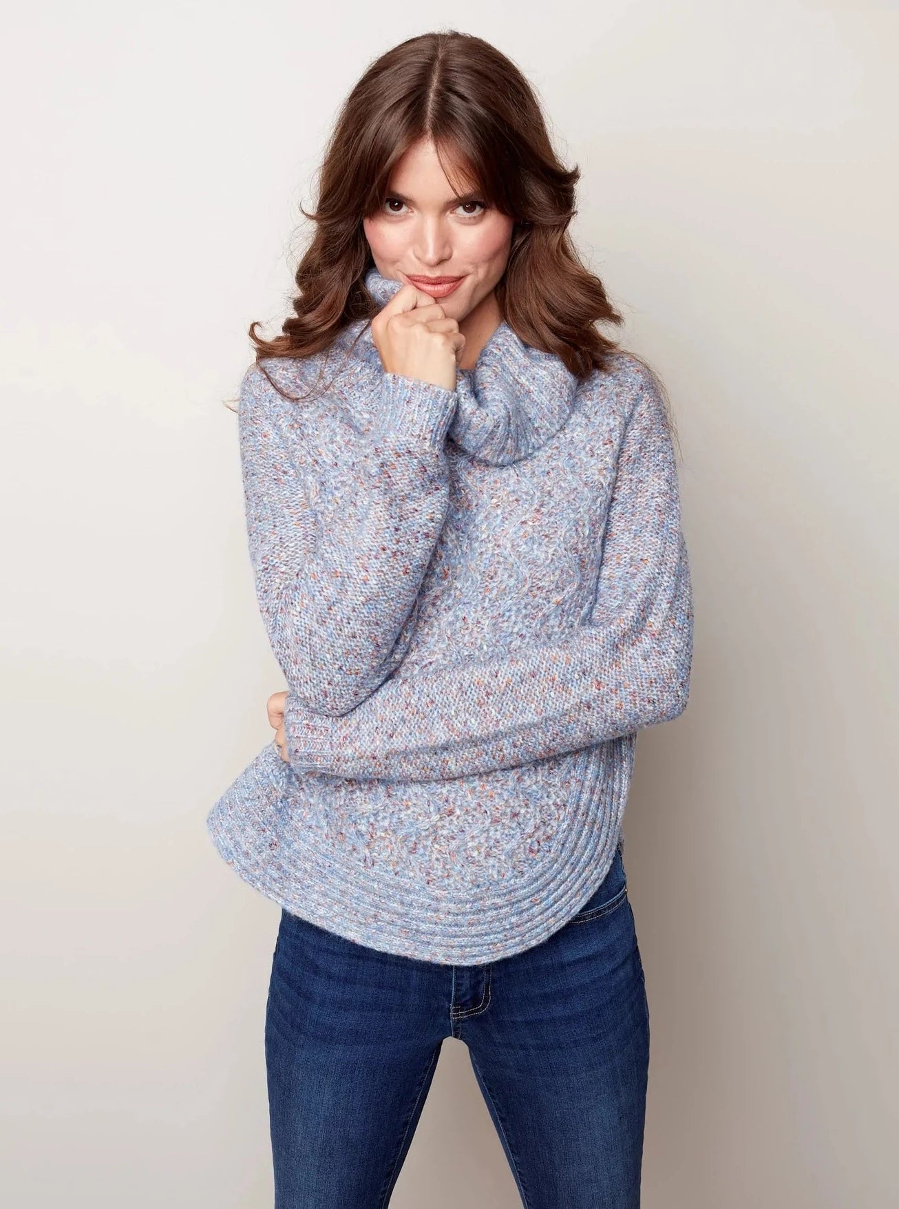 Cowl Neck Round Hem Sweater with Geometric Pattern [Lilac-C2316R] Ribbed Striped Patterned