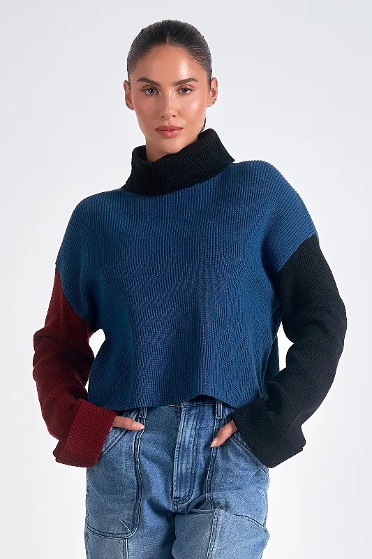 COLOR BLOCK TURTLE NECK CROPPED SWEATER - BLUE Mesh Sweater Canvas Denim