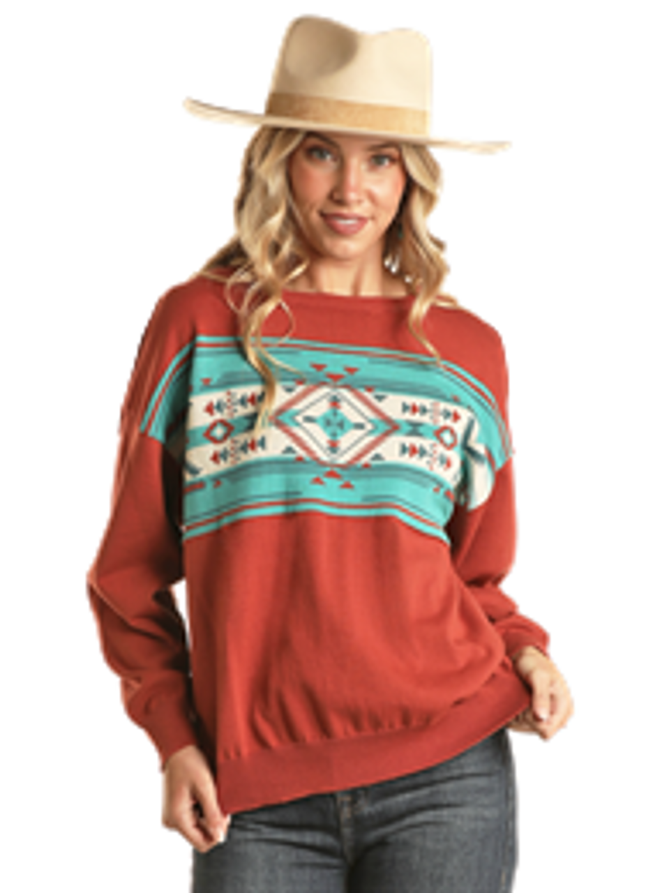 Women's Rock & Roll Denim Rust and Teal Aztec Slouchy Pullover Turtleneck Warm Pullover