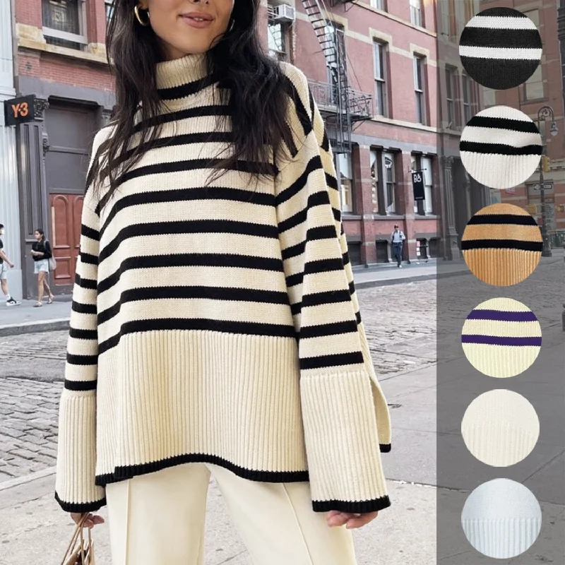 Fashion High Neck Striped Pullover Sweaters Jewel Neck Pullover