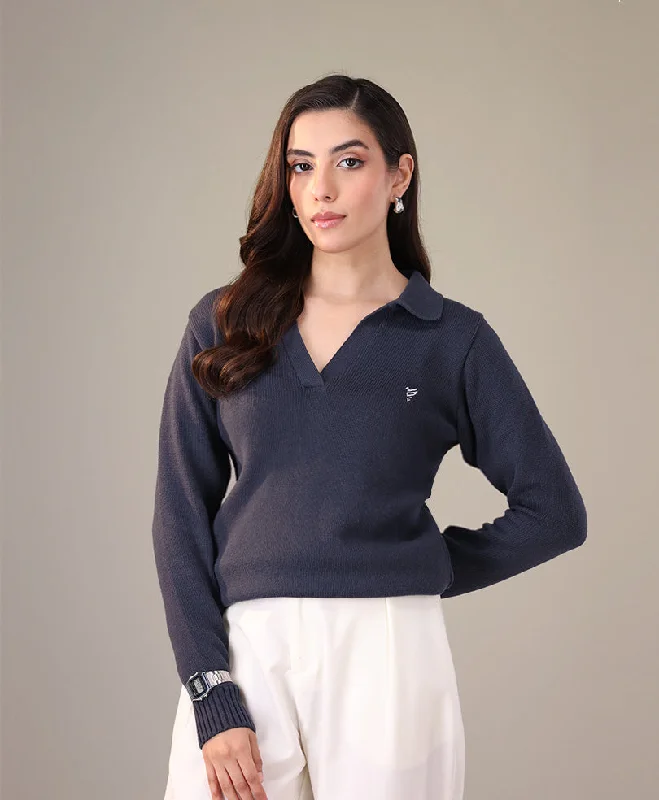 DK Blue POLO Sweater (Women) Boat Neck Shawl Collar Notched Collar