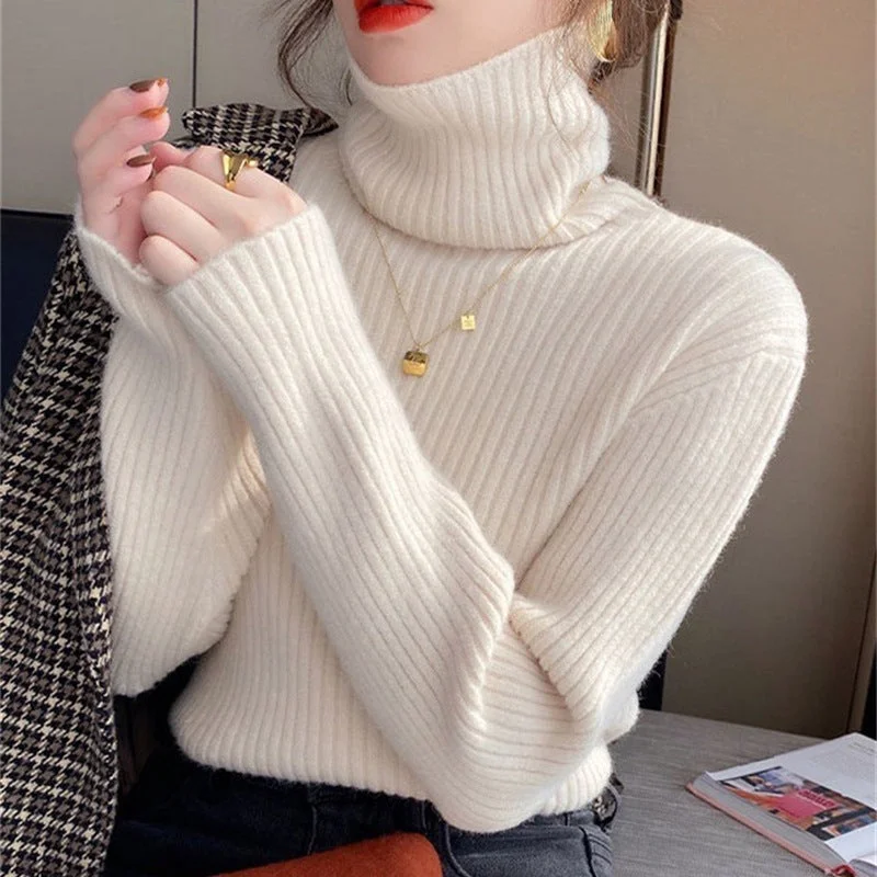 Casual High Neck Long Sleeves Knitted Sweaters Faux Fur Fabric Real Fur Fabric Shearling Fabric