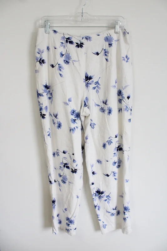 Dressbarn White Linen Blue Floral Trouser Pants | 10 Trousers Exclusive Limited