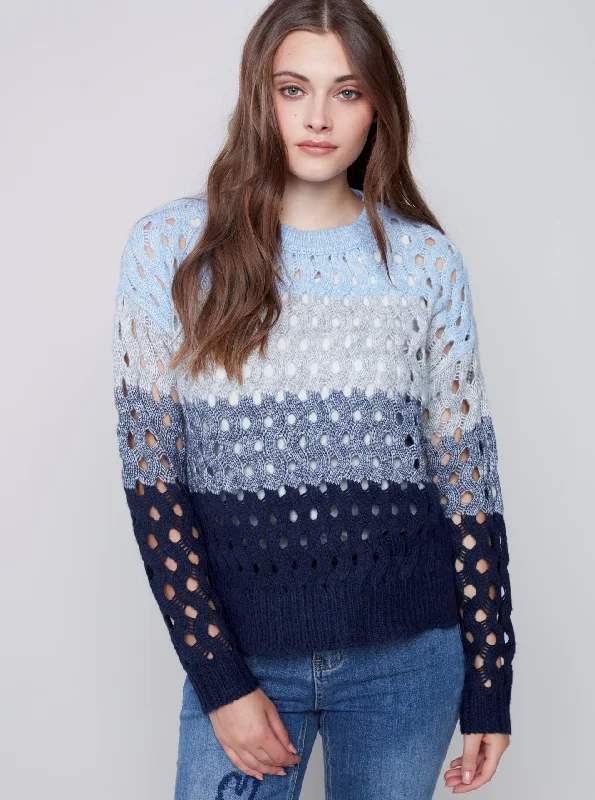 Crewneck Open Stitch Plush Sweater [Indigo-C2541S] Solid Color Striped Floral Print