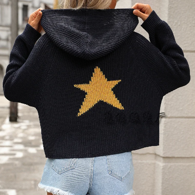 Casual Five Star Print Knitted Long Sleeves Sweaters Sequined Glittery Shiny