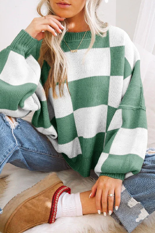 Green Checkered Sweater with Bishop Sleeves - Cozy, Stylish Knitwear for Every Occasion Rayon Fabric Velvet Fabric Corduroy Fabric