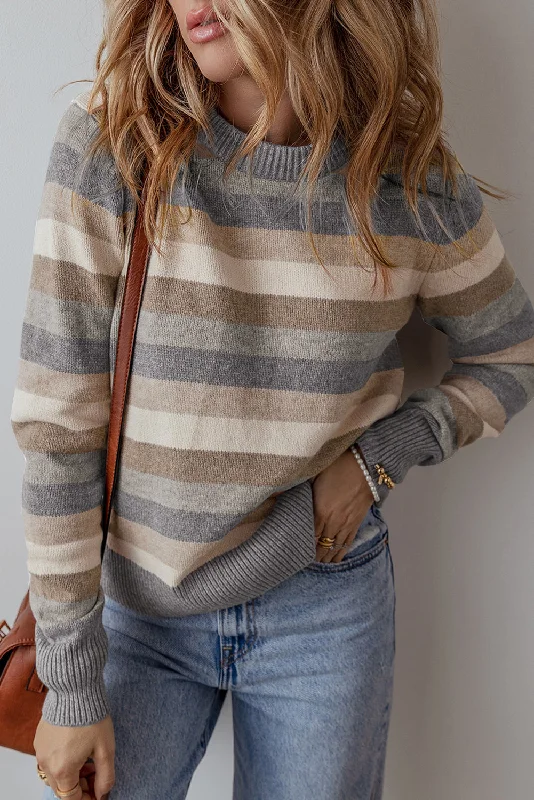 Gray Stripe Color Block Ribbed Edge Round Neck Sweater Solid Print Embellished