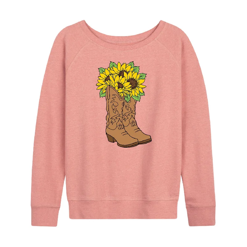 Cowgirl Boots With Sunflowers IH Womens French Terry Pullover Slim Sleeve Pullover