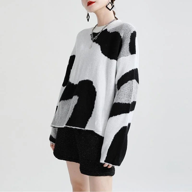 Casual Cow Round Neck Knitting Women Sweaters Faux Fur Fabric Real Fur Fabric Shearling Fabric