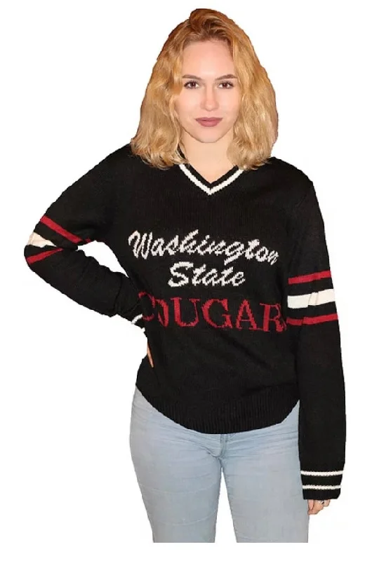 Washington State Cougars Black Tribute V-Neck Sweater (UNISEX SIZING) Stretchy Elastic Breathable