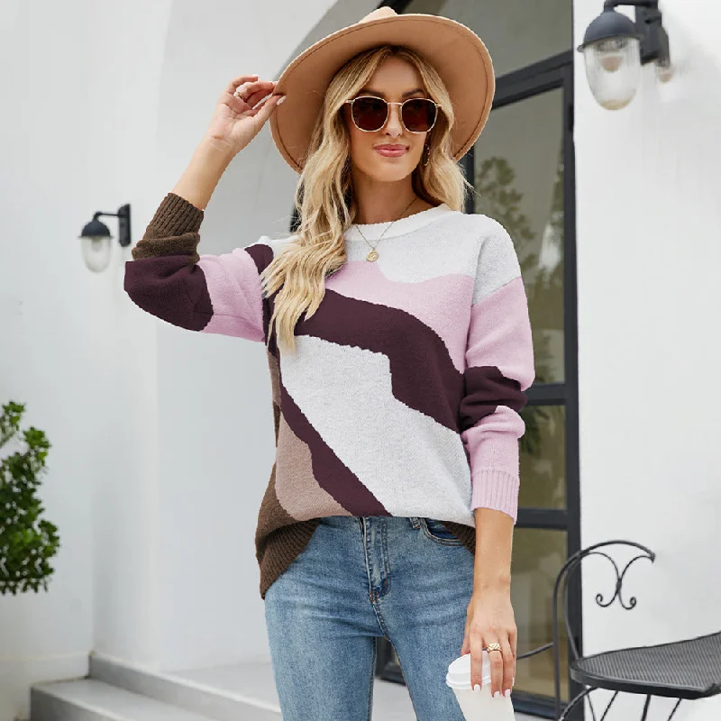 Women Round Neck Knitted Pullover Sweaters Ruffled Neck Pullover