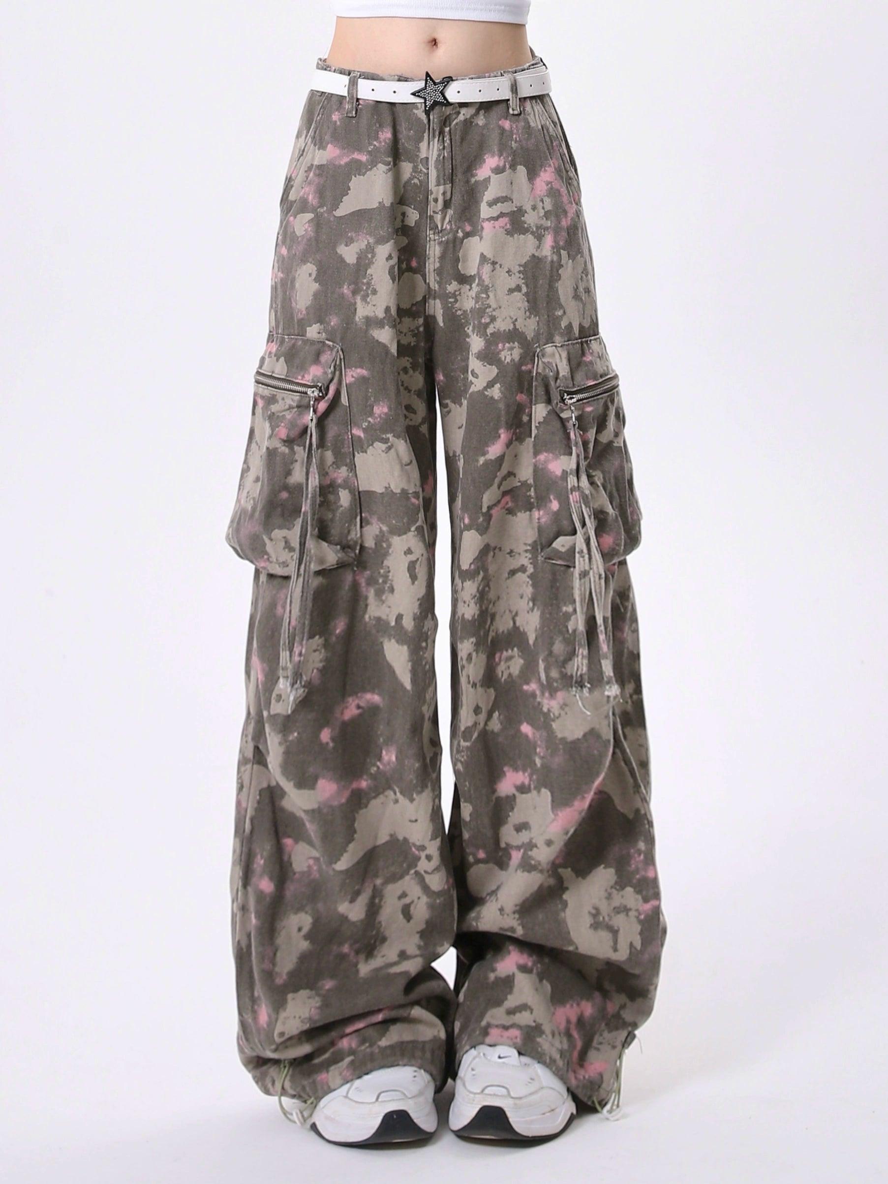 Rayohopp Women'S Wide-Leg Cargo Pants - Tie-Dye Camo Print Baggy Trousers With Multi-Pocket Design Trousers Pleated Formal