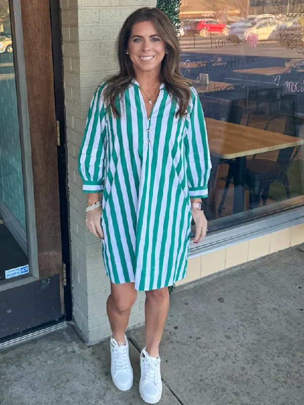 Striped V-Neck Pullover Mini Dress-Green Soft Wool Sweater