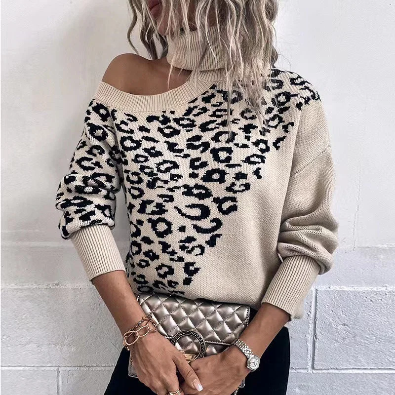 Casual Leopard Long Sleeves Knitted Sweaters Wool Sweater Cotton Sweater Cashmere Sweater