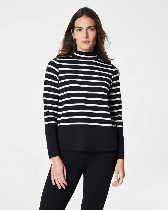 AIRESSENTIALS MOCK PULLOVER STRIPE Bishop Sleeve Elegant